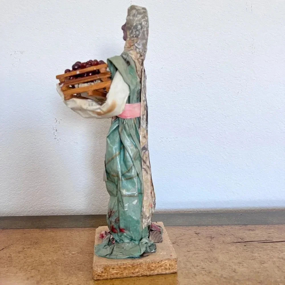 Paper Mache Old Woman Carrying‎ Beans in a Basket Crate Folk Art Figure size 12”